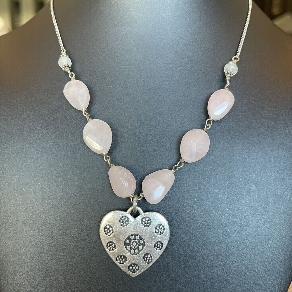 LUCKY BRAND Pink Rose Quartz Crystal Necklace Heart Shape Pendant Silvertone 19”